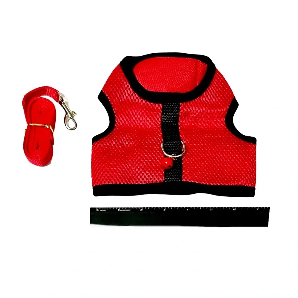 Red and black all-weather padded mesh cat harness w/ bell & leash 2 pc set NWT